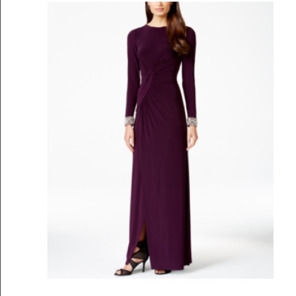 vince camuto beaded cuff ruched jersey gown